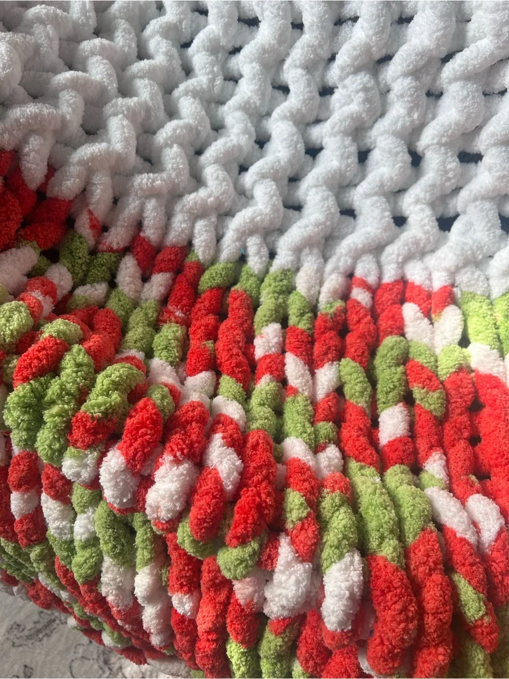 Chunky Crochet Throw Blanket in Red, Green & White ( Grinch Colors)